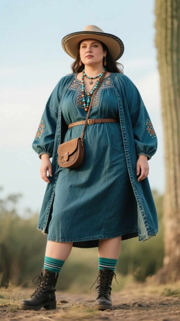 Straw Gaucho Hat + Lightweight Denim Duster + Embroidered Peasant Tunic + Cinch Belt + Flared Midi Skirt + Bead Necklace + Bangles + Tooled Crossbody + Boot Socks + Combat Boots