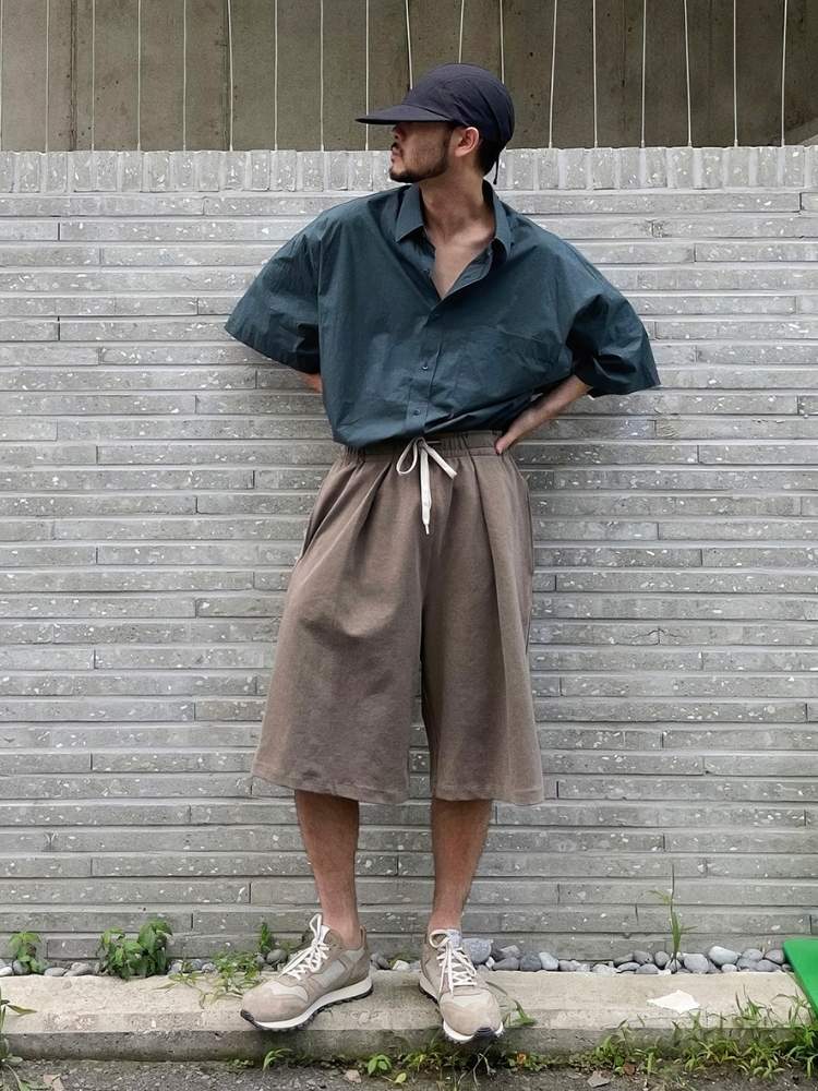 Curved Brim Cap + Dark Teal Oversized Shirt + Rope Drawstring Culotte Shorts + Taupe Suede Sneakers