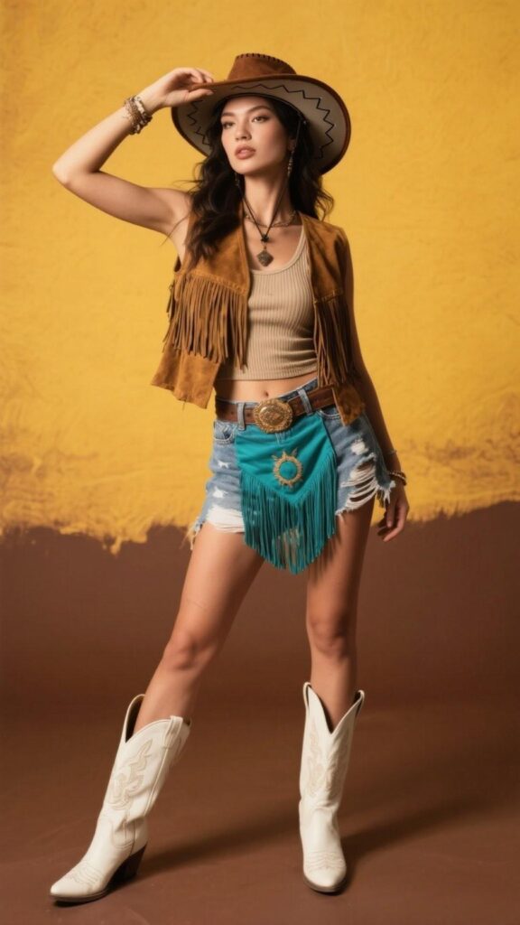Wide-Brim Fedora + Fringe Suede Vest + Ribbed Tank + Distressed Denim Shorts + Turquoise Hip Scarf + White Cowgirl Boots