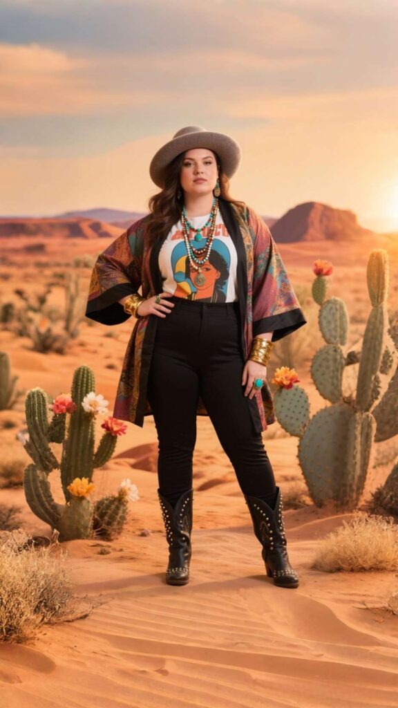 Wide-Brim Felt Hat + Draped Kimono Jacket + Graphic Tee + Layered Bead Necklaces + High-Rise Stretch Boot-Cut Jeans + Studded Ankle Boots