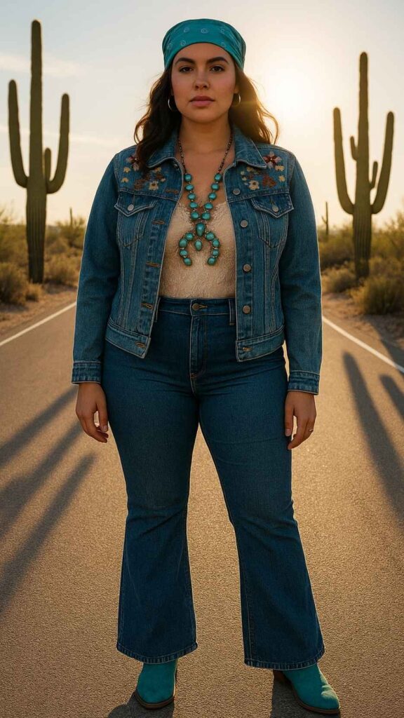 Turquoise Bandana Headwrap + Embroidered Denim Jacket + Lace Camisole + Silver Squash-Blossom Necklace + High-Rise Flared Jeans + Turquoise-Inlay Boots