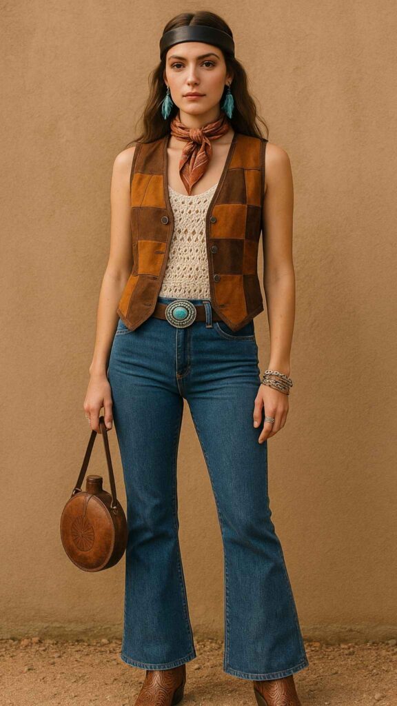 Braided Leather Headband + Patchwork Suede Vest + Crochet Crop Top + Concho Necklace + High-Waist Flare Jeans + Turquoise Buckle + Feather Earrings + Chain Bracelets + Bandana + Tooled Cowboy Boots