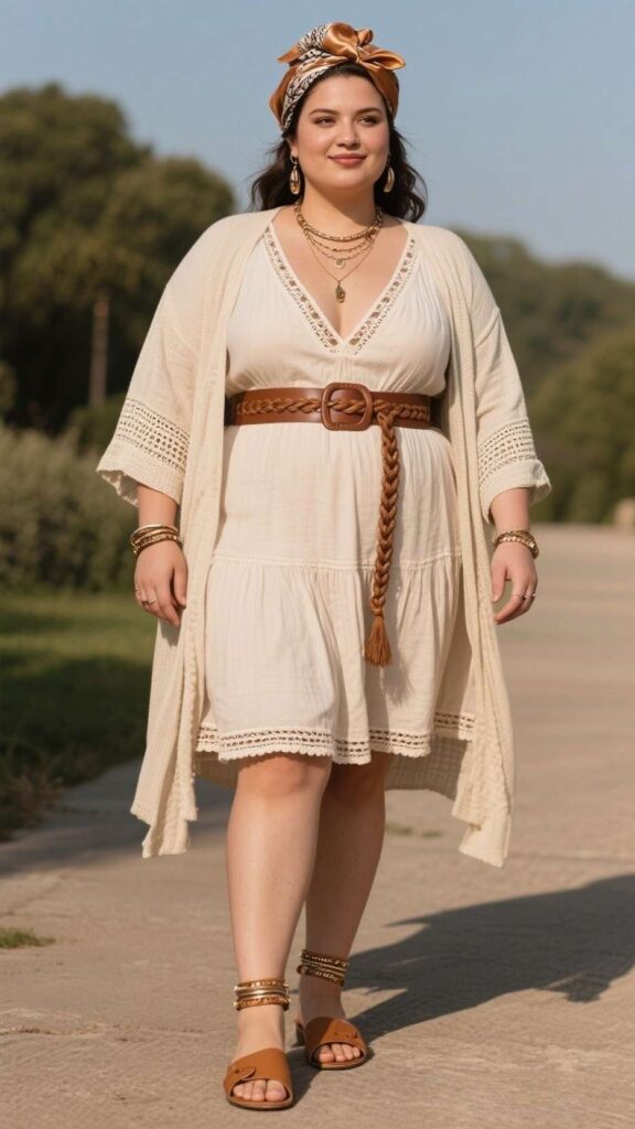 Satin Bandana Headwrap + Duster Cardigan + V-Neck Peasant Dress + Braided Leather Belt + Layered Anklets + Tan Mules
