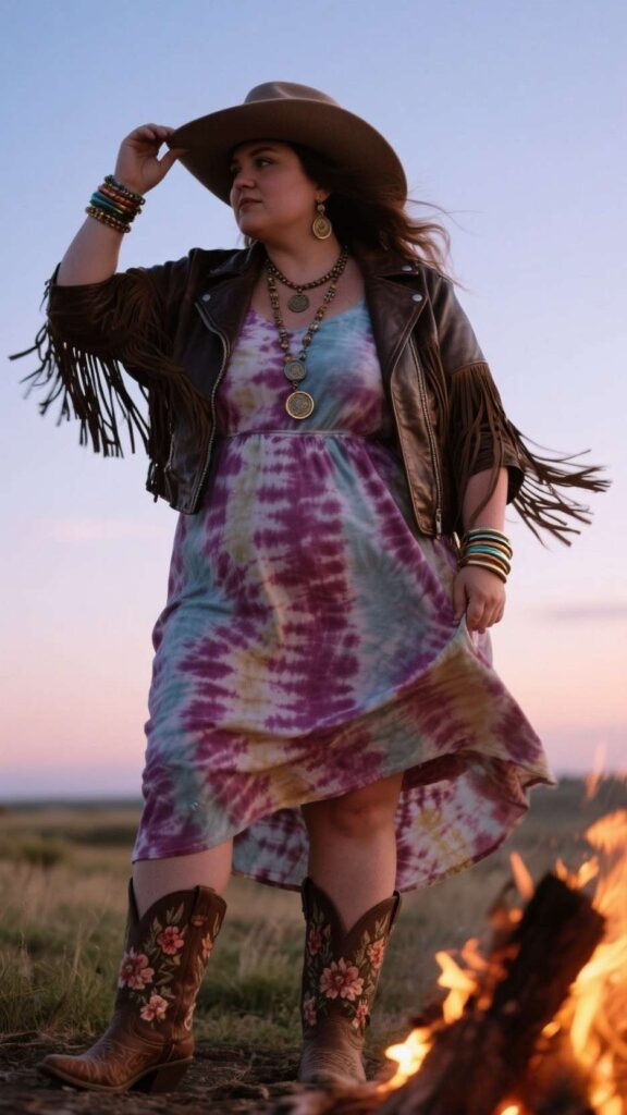 Wide-Brim Felt Hat + Layered Coin Necklace + Fringe Leather Jacket + Tie-Dye Maxi Dress + Stacked Bangle Set + Cowboy Boots