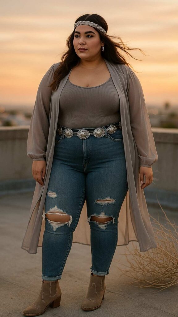 Braided Leather Headband + Chiffon Duster + Ribbed Bodysuit + Statement Concho Belt + Ripped Skinny Jeans + Stitched Cowboy Booties