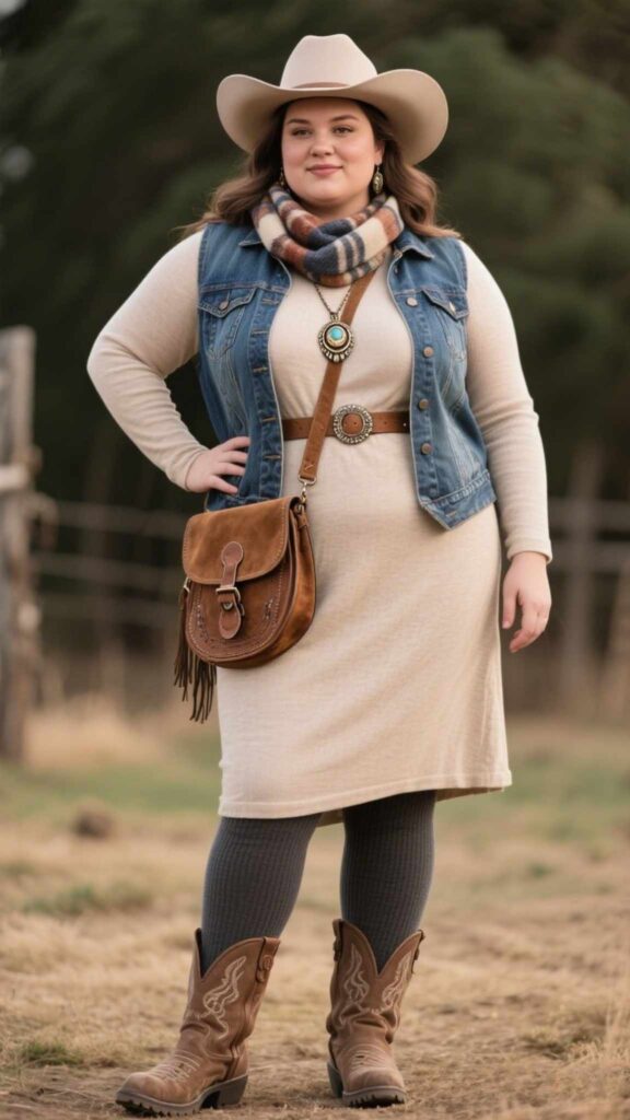 Felt Rancher Hat + Quilted Denim Vest + Flowy Long-Sleeve Midi Dress + Suede Obi Belt + Blanket Scarf + Statement Pendant + Wrist Stacks + Saddle Satchel + Thermal Leggings + Lug-Sole Cowboy Boots