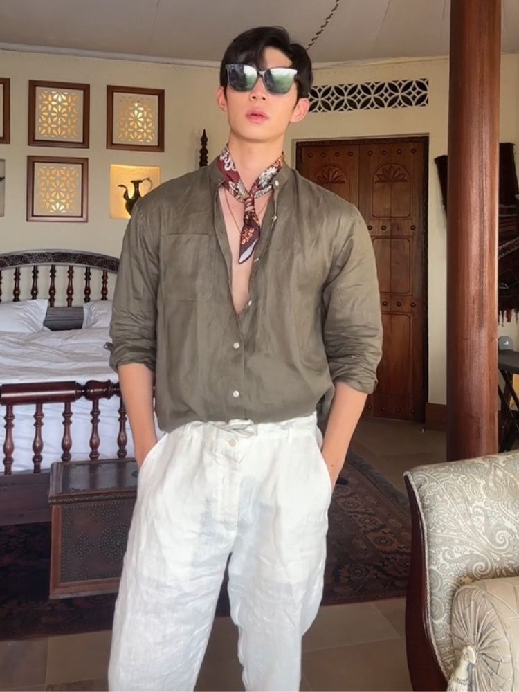 Jet-black shades + silk printed neckerchief + olive linen popover shirt + white linen trousers