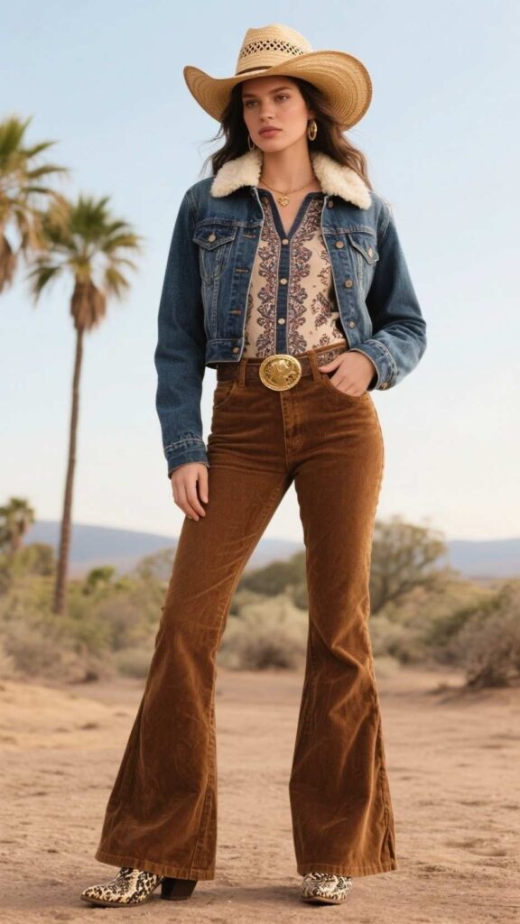 Stiff Palm-Leaf Hat + Shearling-Collared Denim Trucker + Paisley Henley + Corduroy Bell-Bottoms + Brass Buckle Belt + Snakeskin Boots
