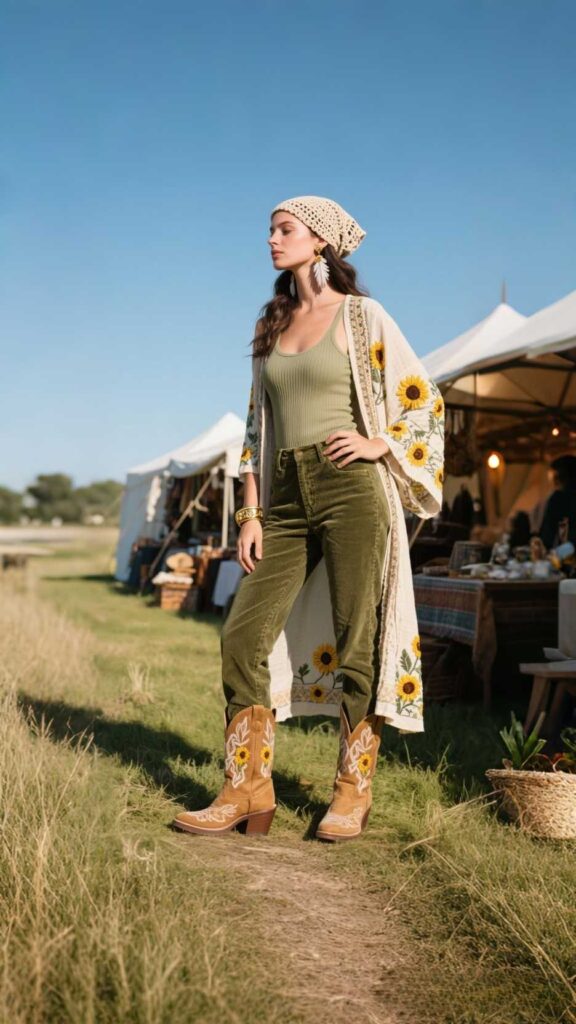 Crochet Headscarf + Feather Earrings + Embroidered Kimono + Ribbed Tank + Flare Corduroy Pants + Platform Western Boots