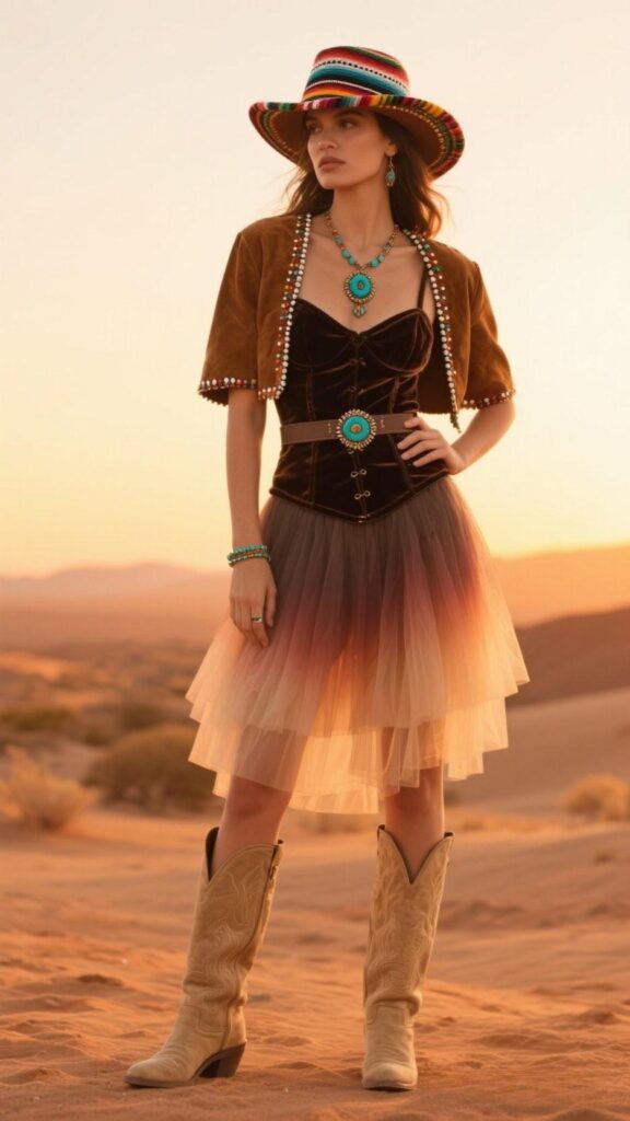 Serape-Band Hat + Beaded Suede Bolero + Velvet Corset Tank + Turquoise Squash-Blossom Belt + Ombré Tulle Skirt + Sandstone Knee Boots