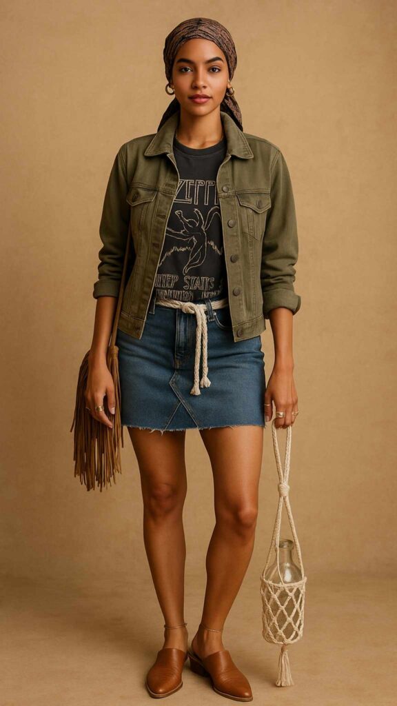 Silk Scarf Head Wrap + Embroidered Canvas Jacket + Graphic Band Tee + Rope Belt + Denim Miniskirt + Fringe Holster Bag + Mixed Rings + Anklet + Macramé Bottle Holder + Western Mules