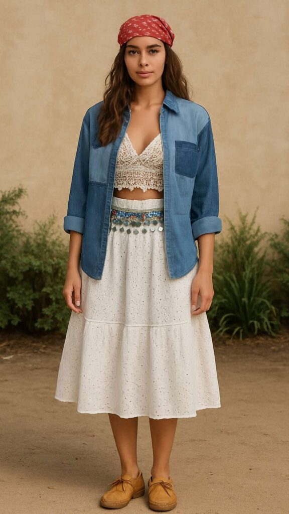 Patterned Bandana + Patchwork Denim Shirt + Macramé Bralette + White Eyelet Skirt + Beaded Coin Belt + Vintage Moccasins