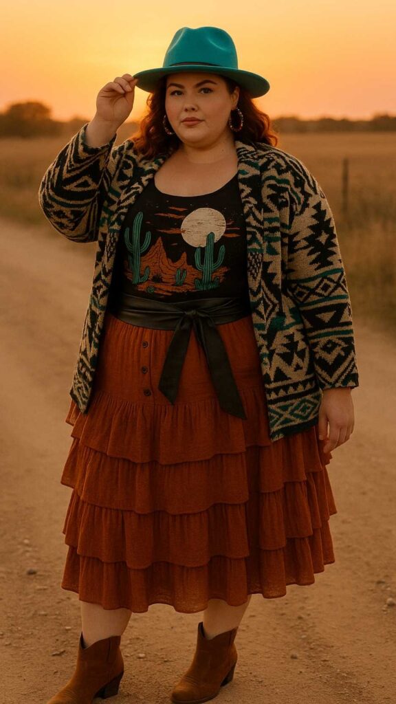 Turquoise Beaded Fedora + Longline Aztec Cardigan + Graphic Bodysuit + Leather Wrap Belt + Tiered Ruffle Skirt + Ankle Western Booties