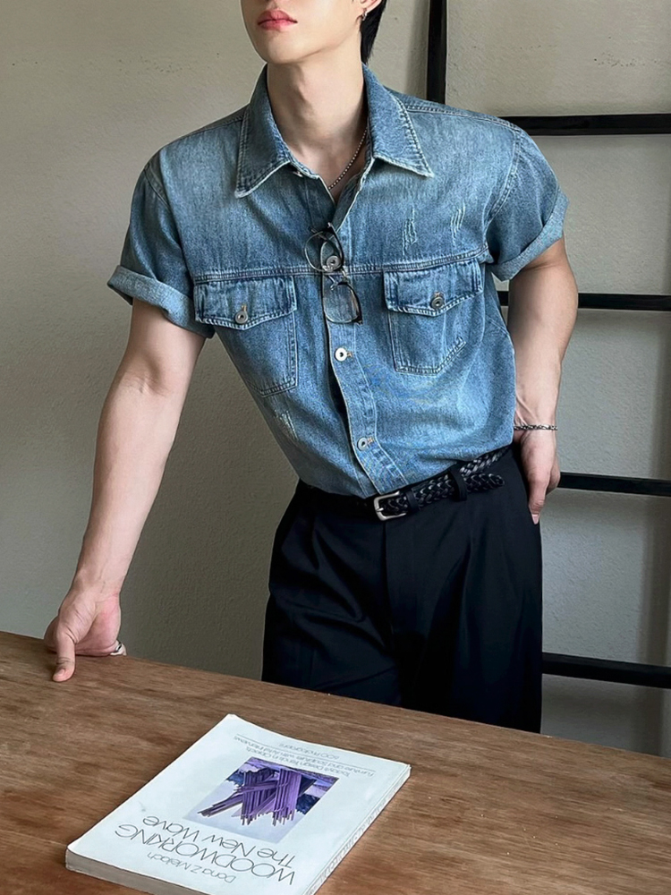 Reading Glasses + Vintage-Wash Denim Short-Sleeve Shirt + Braided Black Belt + Tailored Black Trousers