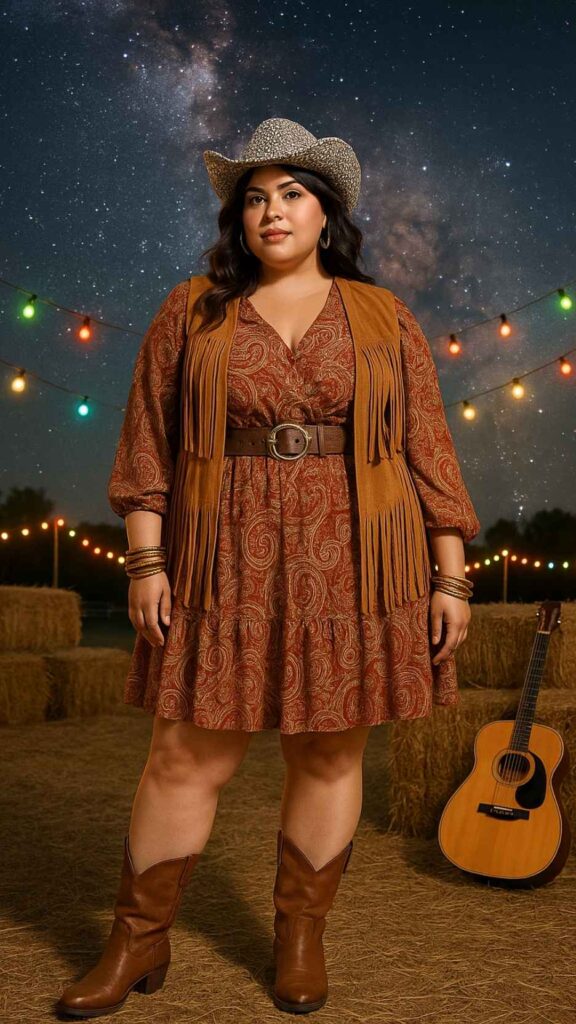 Beaded Cowboy Hat + Fringed Suede Vest + Paisley Shirt Dress + Wide Leather Belt + Stacked Bangles + Mid-Calf Cowboy Boots