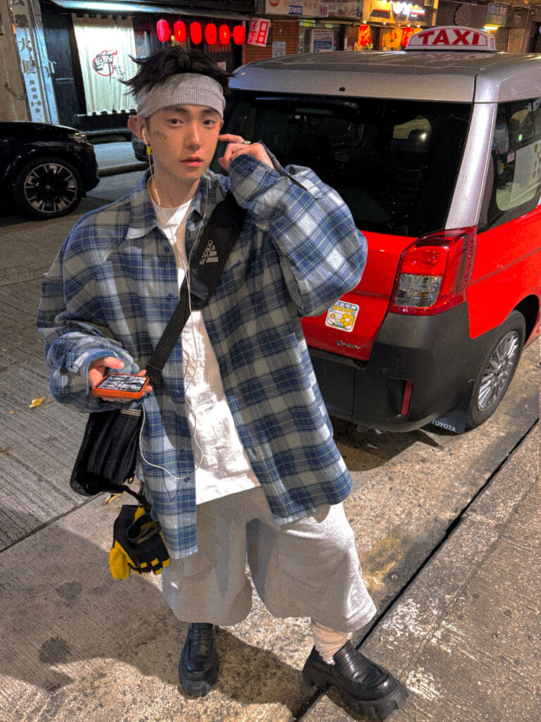 Heather headband + Midnight plaid overshirt + White distressed tee + Midnight cross-body sling + Heather sweatshirt culottes + Ribbed scrunch socks + Black lug loafers