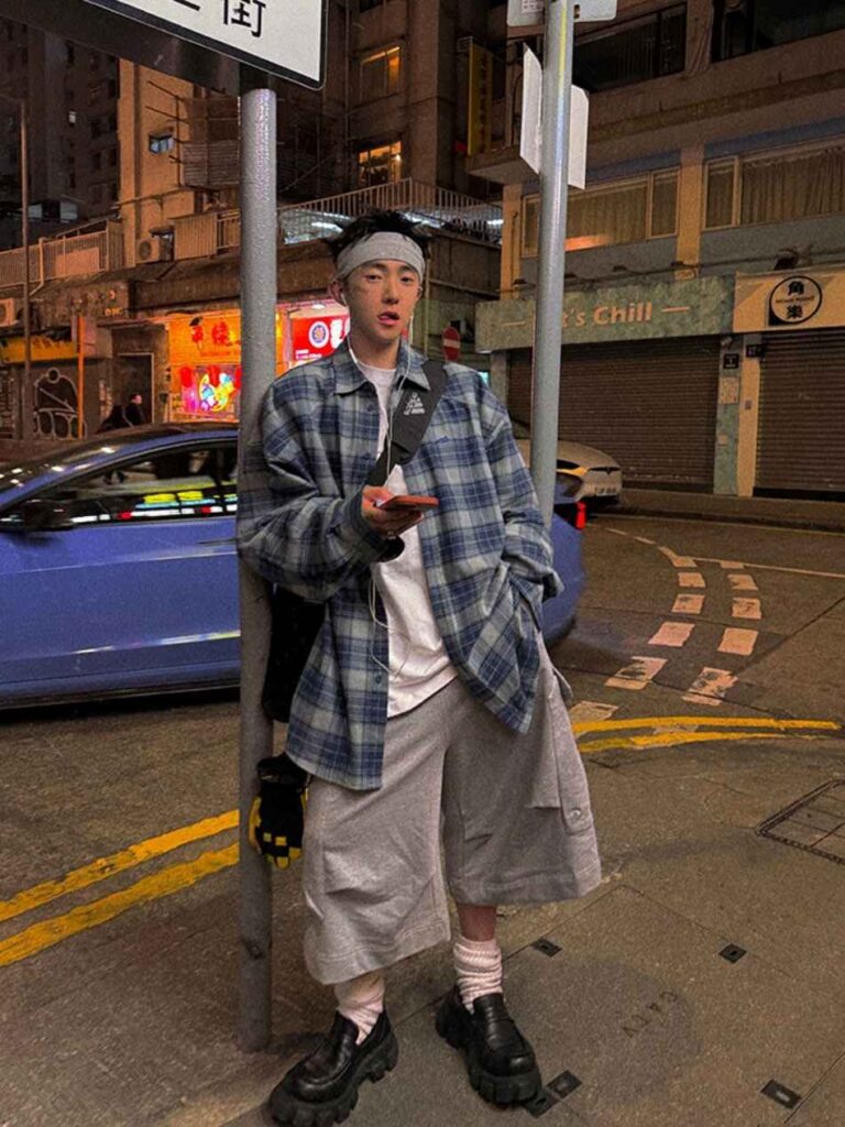 Bandana head wrap + Oversize midnight-plaid shacket + White slouch tee + Storm-grey culotte cargos + Thick-soled combat loafers