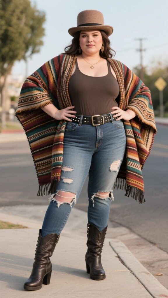Felt Bowler Hat + Woven Serape Poncho + Longline Tank + Ripped Skinny Jeans + Studded Leather Belt + Chunky Heel Booties