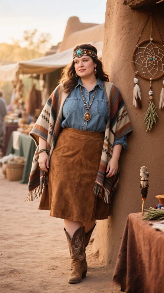 Concho Headband + Blanket Shawl + Chambray Shirt + Suede A-Line Skirt + Lariat Necklace + Snip-Toe Boots