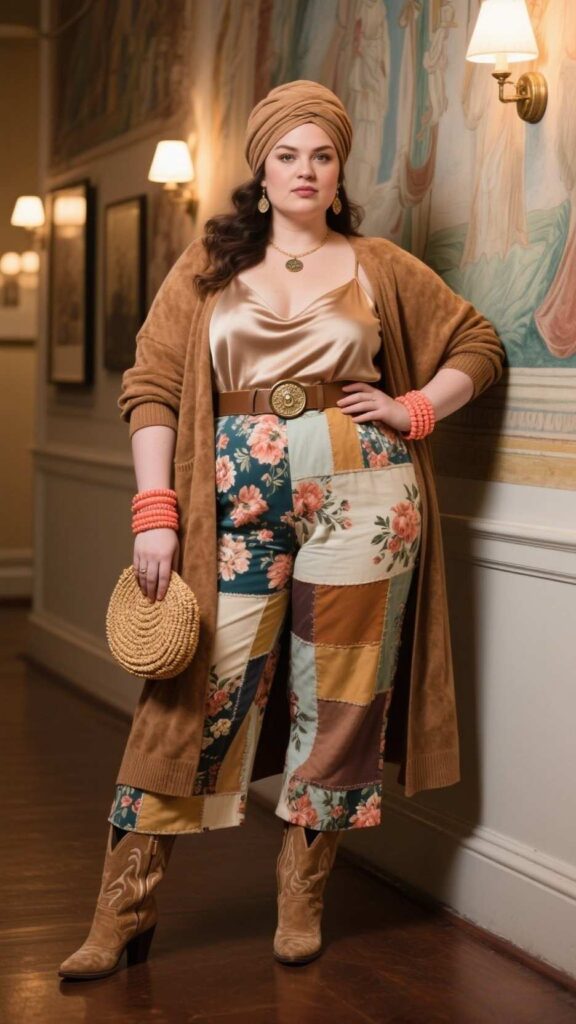 Suede Turban + Waterfall Cardigan + Satin Cami + Layered Coin Belt + Floral Wide-Leg Culottes + Patchwork Boots