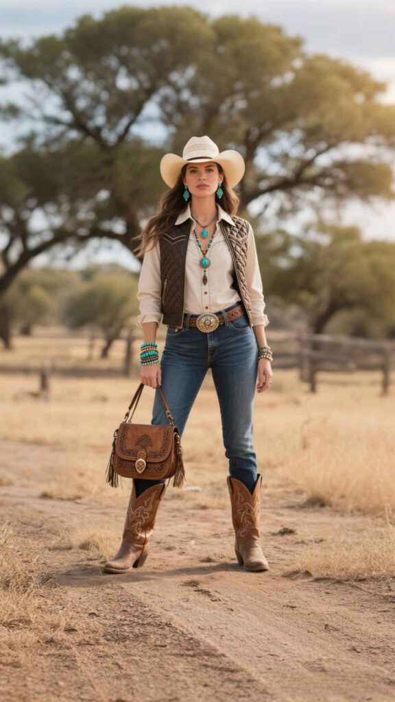 Canvas Ranch Hat + Quilted Field Jacket + Western-Yoke Blouse + Leather Concho Belt + Dark Bootcut Jeans + Turquoise Drop Earrings + Charm Bracelets + Braided Lariat Necklace + Tooled Satchel + Square-Toe Boots