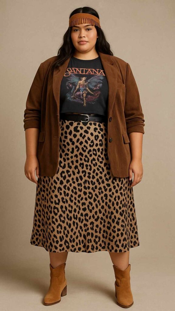 Suede Fringe Headband + Oversized Corduroy Blazer + Graphic Crop Top + Leopard Slip Dress + Double-Wrap Belt + Stack-Heel Western Boots
