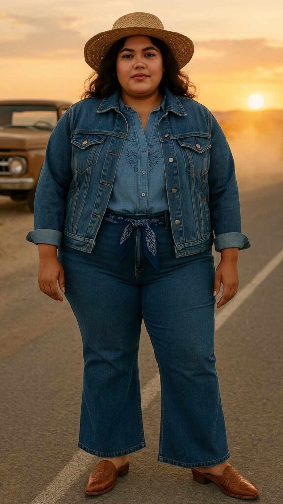 Braided Straw Hat + Denim Trucker Jacket + Embroidered Chambray Shirt + High-Rise Flare Jeans + Bandana Belt + Tooled Mule Slides
