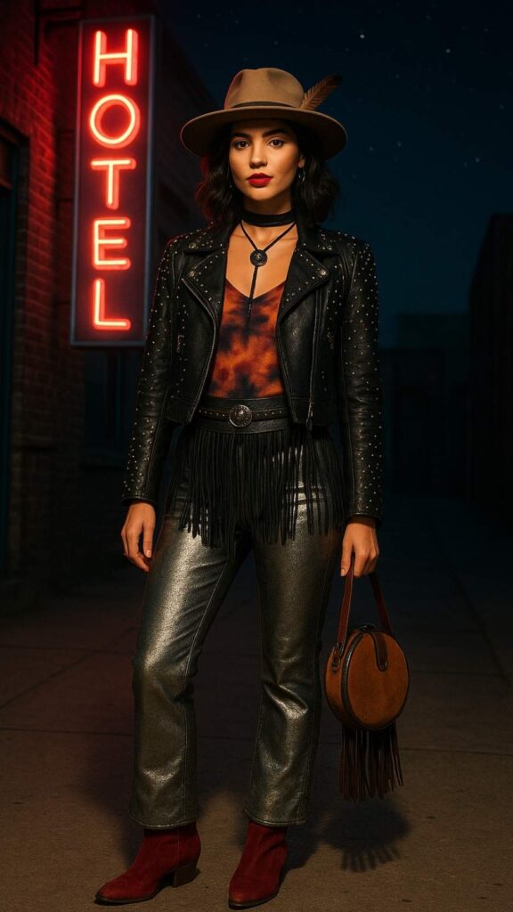 Feather-Trimmed Panama + Studded Leather Jacket + Tie-Dye Bodysuit + Rope Tassel Belt + Metallic Straight Jeans + Red Snip-Toe Boots