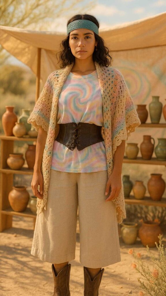Tooled Leather Headband + Crochet Shawl + Tie-Dye Tee + Faux-Suede Corset Belt + Linen Culottes + Roper Boots