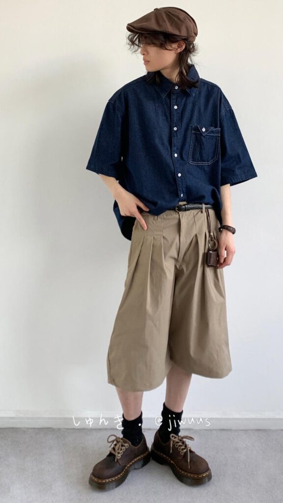 Cocoa newsboy cap + Indigo short-sleeve denim shirt + Slim black belt + Khaki pleated culotte shorts + Black socks + Espresso chunky derbies