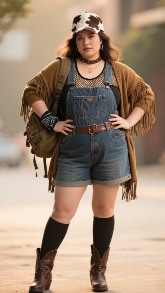 Cowhide Cap + Fringe Cardigan + Mesh Top + Studded Overalls + Leather Choker + Brass Ear Cuffs + Bandana Wrist Wrap + Utility Backpack + Over-Knee Socks + Chelsea Boots