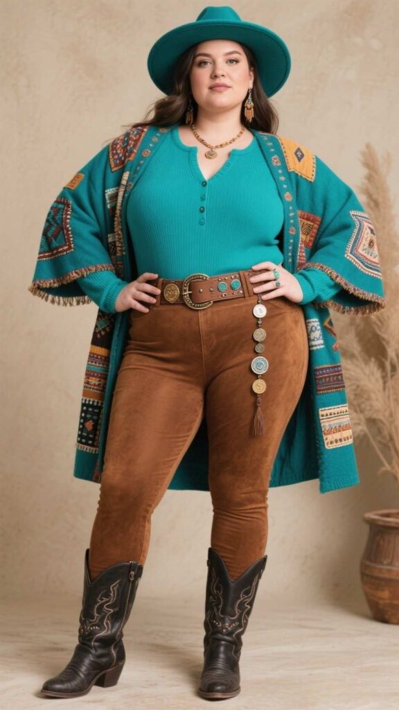 Turquoise Felt Fedora + Boho Patch Coat + Henley Thermal + Faux-Suede Leggings + Gypsy Coin Belt + Buckled Moto Boots