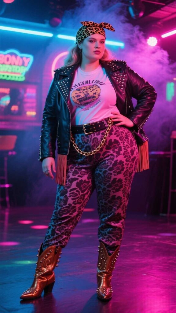 Leopard Print Bandana + Studded Leather Blazer + Fringe Tee + Patterned Palazzo Pants + Chain Belt + Square-Toe Boots