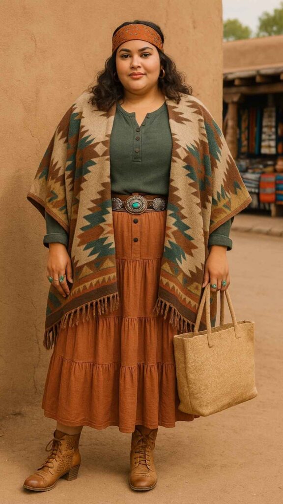 Bandana Headscarf + Aztec-Print Poncho + Thermal Henley + Concho Sash Belt + Tiered Prairie Skirt + Lace-Up Cowboy Boots