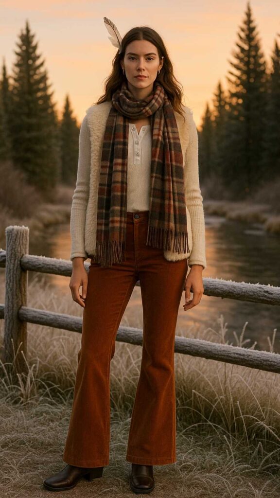 Turquoise Feather Clip + Faux-Fur Shearling Vest + Thermal Henley + Buffalo Plaid Scarf + Corduroy Flares + Square-Toe Boots