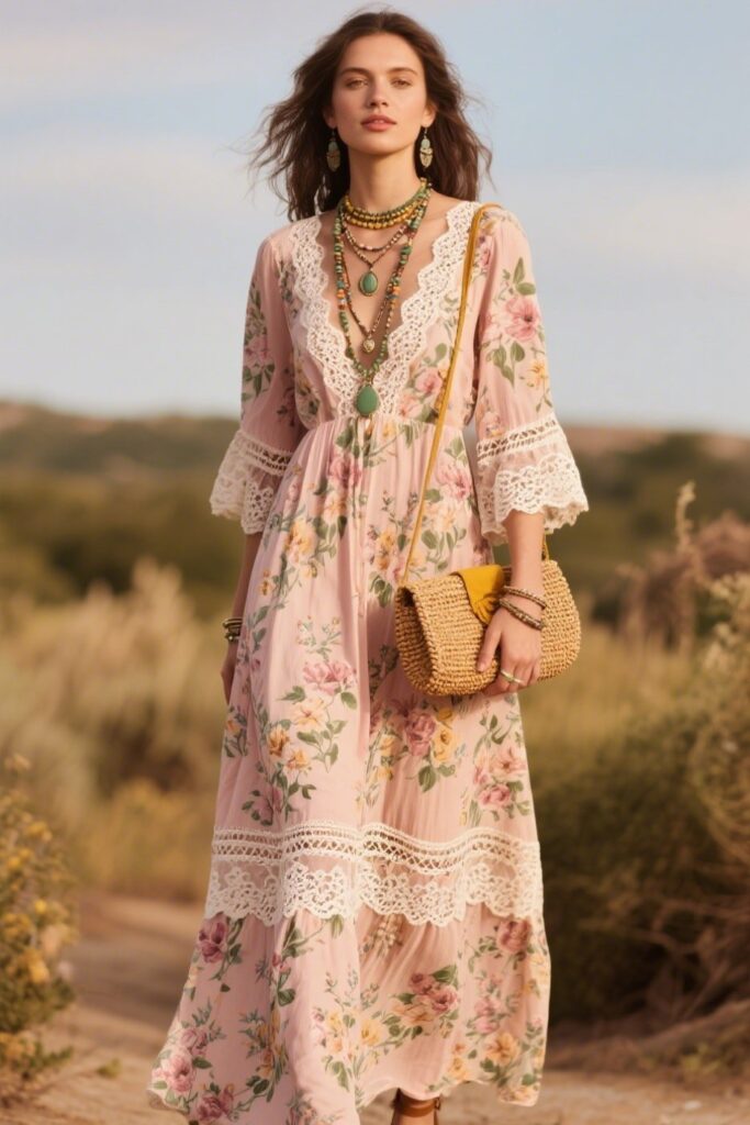 1. Flowing Floral Maxi Dress with Lace Details