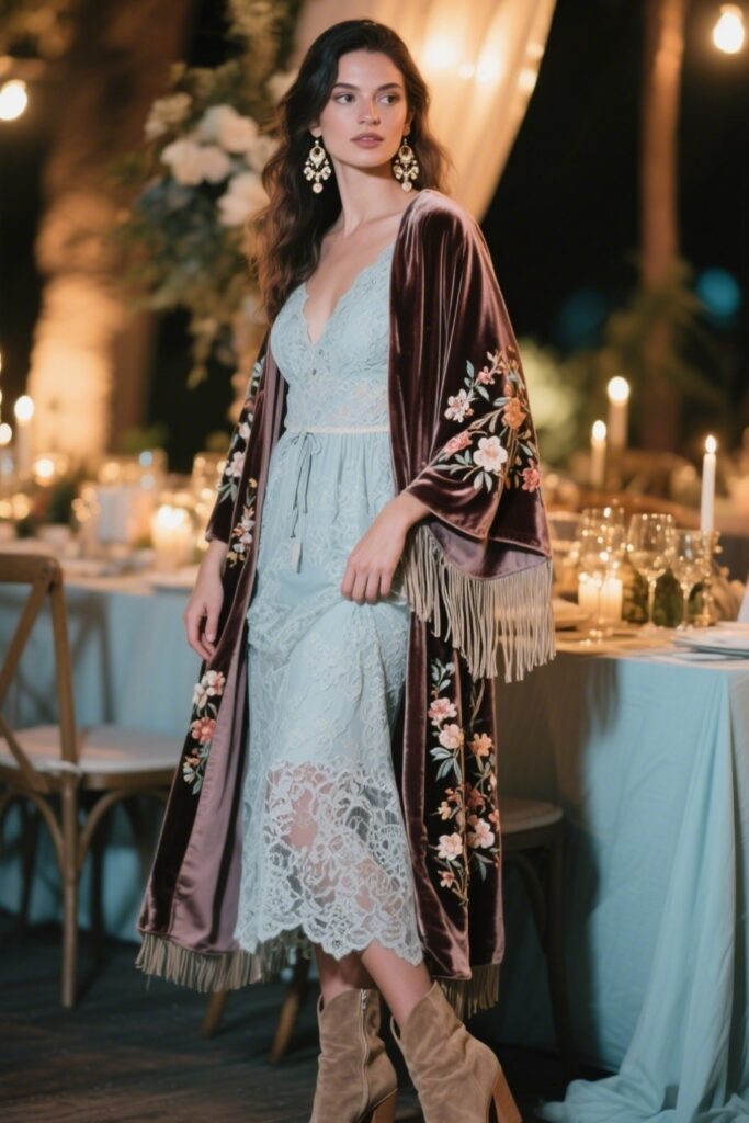 8. Soft Velvet Kimono Over Lace Dress