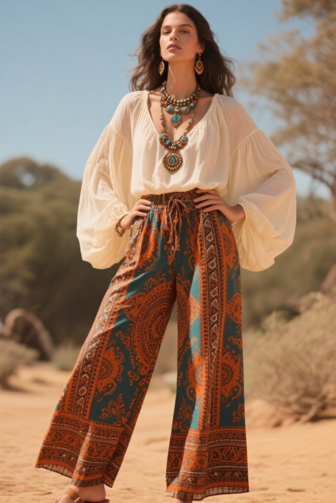 9. Printed Palazzo Pants with Flowy Blouse