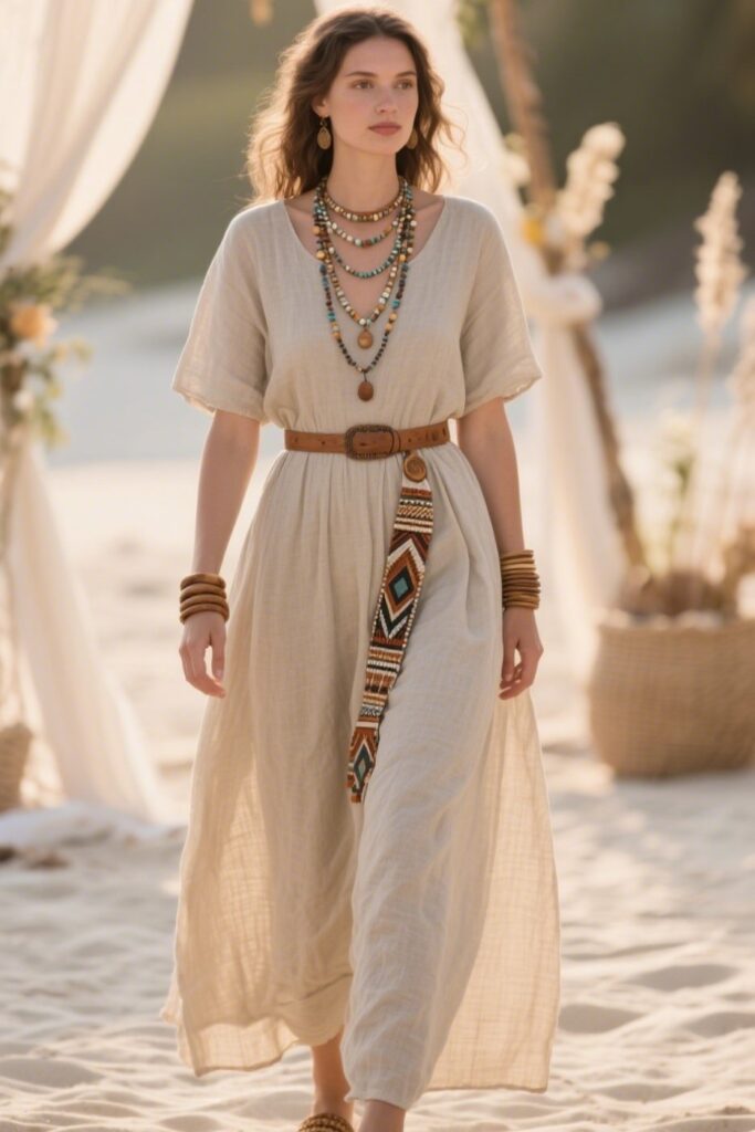 10. Simple Linen Dress with Beaded Accessories