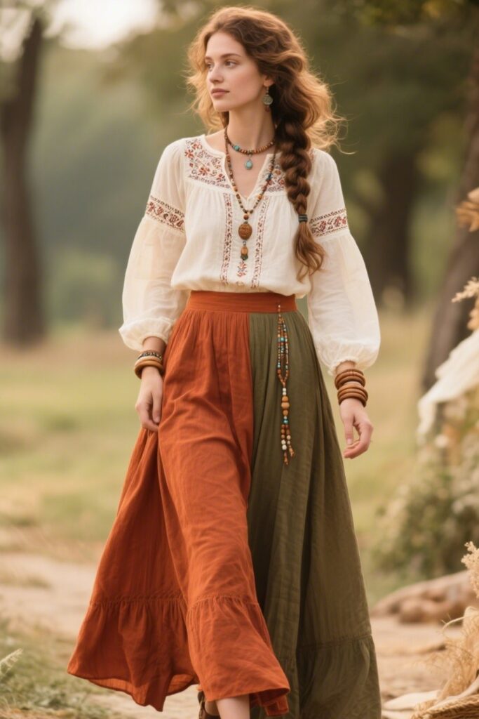 10. Earth-Toned Maxi Skirt and Off-White Peasant Blouse
