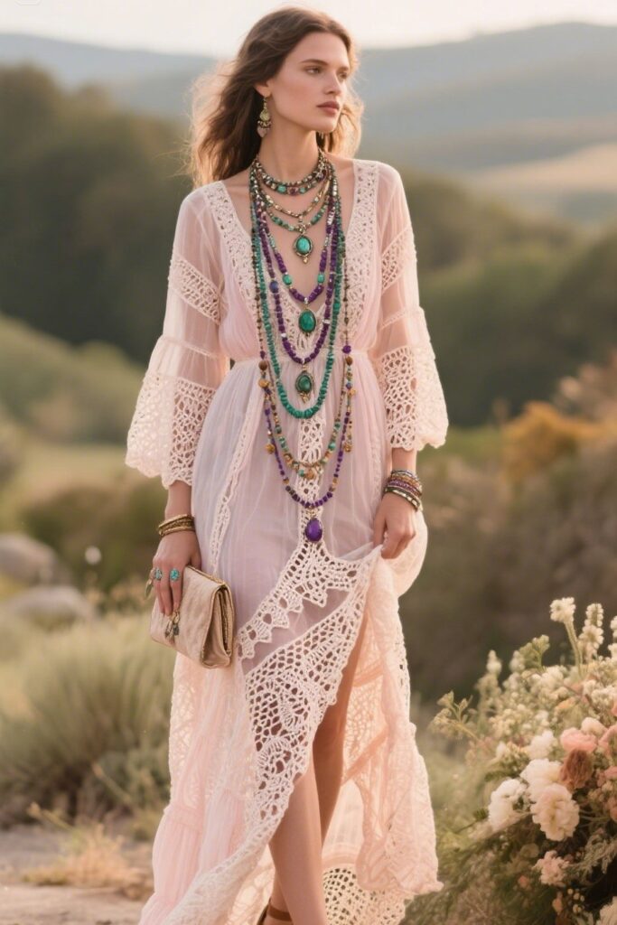 8. Sheer Crochet Overlay Dress with Layered Necklaces