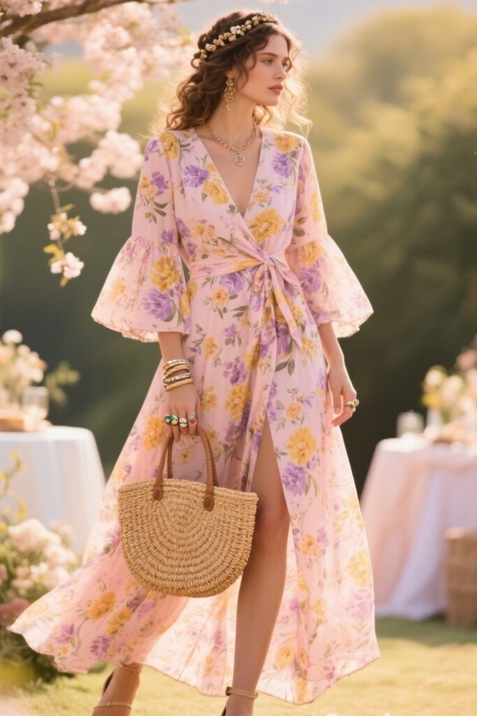 4. Floral Wrap Dress with Bell Sleeves