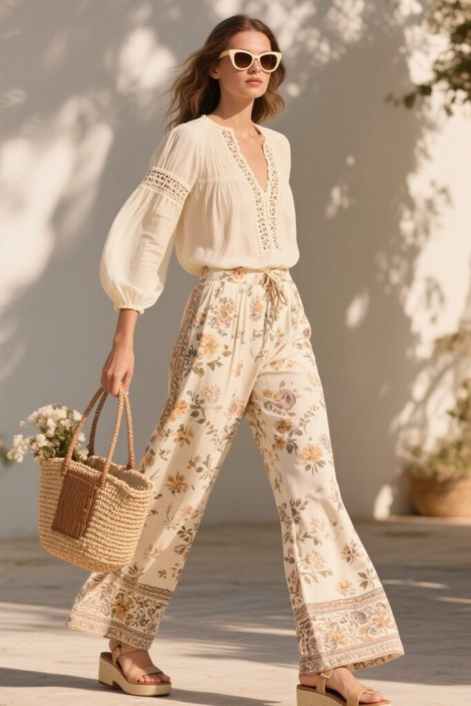 6. Printed Palazzo Pants and Peasant Blouse