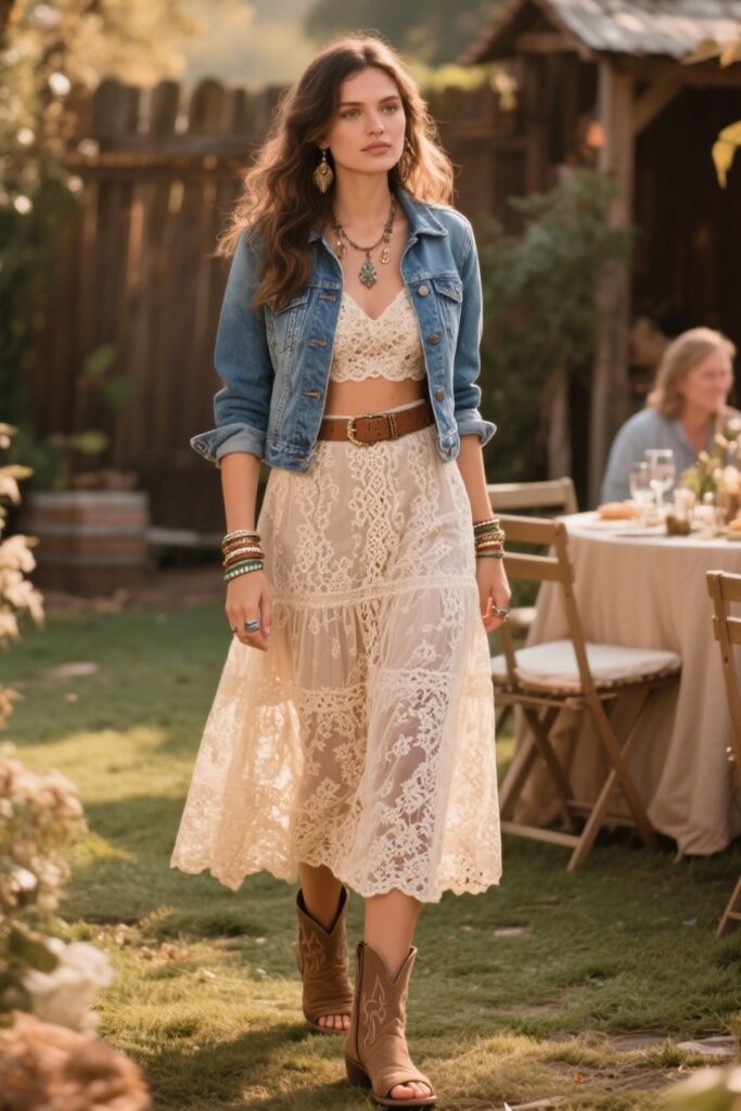 9. Denim Jacket over Lace Dress
