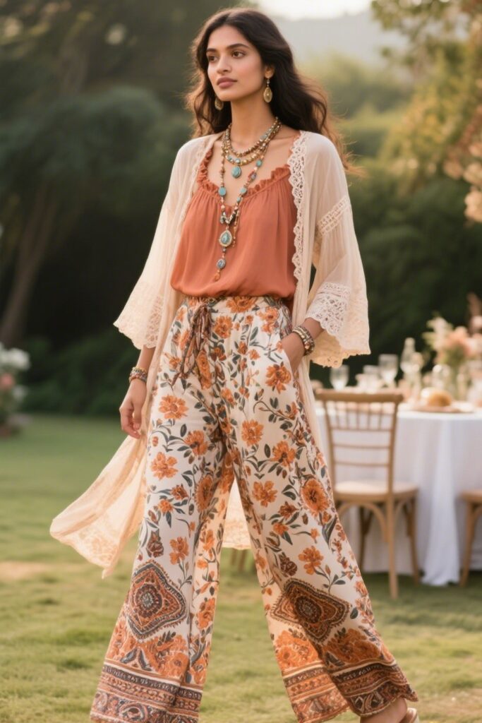8. Printed Palazzo Pants with a Flowing Blouse