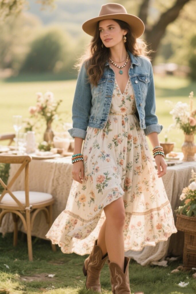 9. Denim Jacket with a Floral Sundress