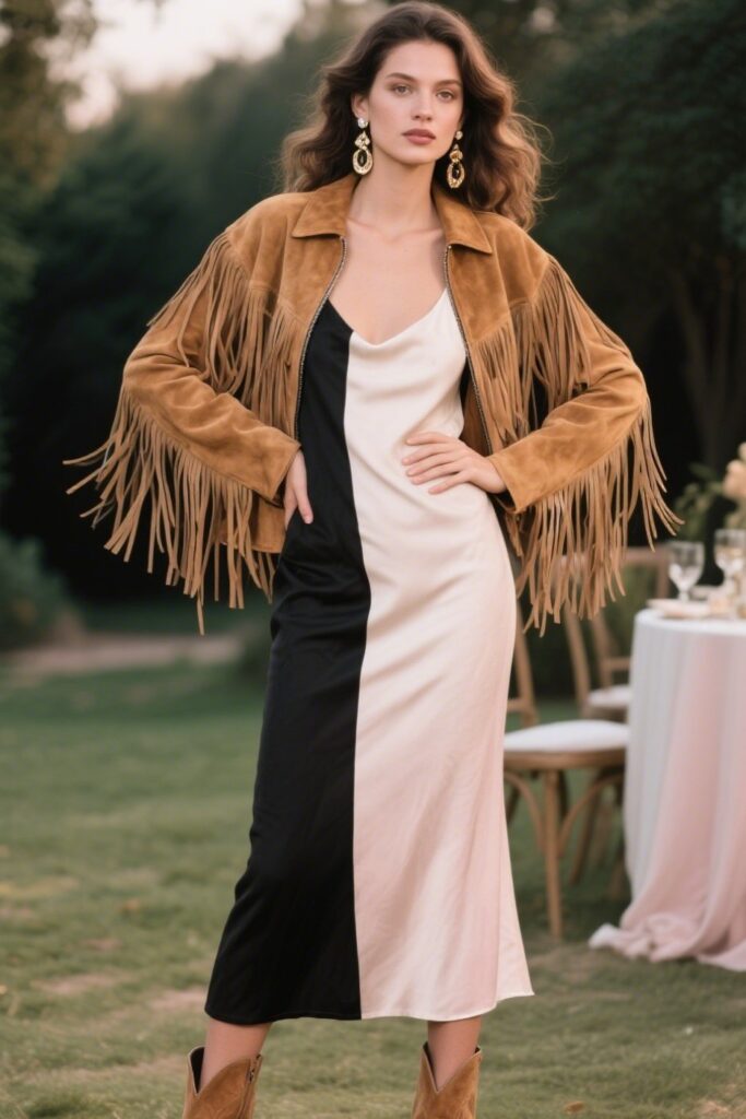 10. Suede Fringe Jacket over a Slip Dress