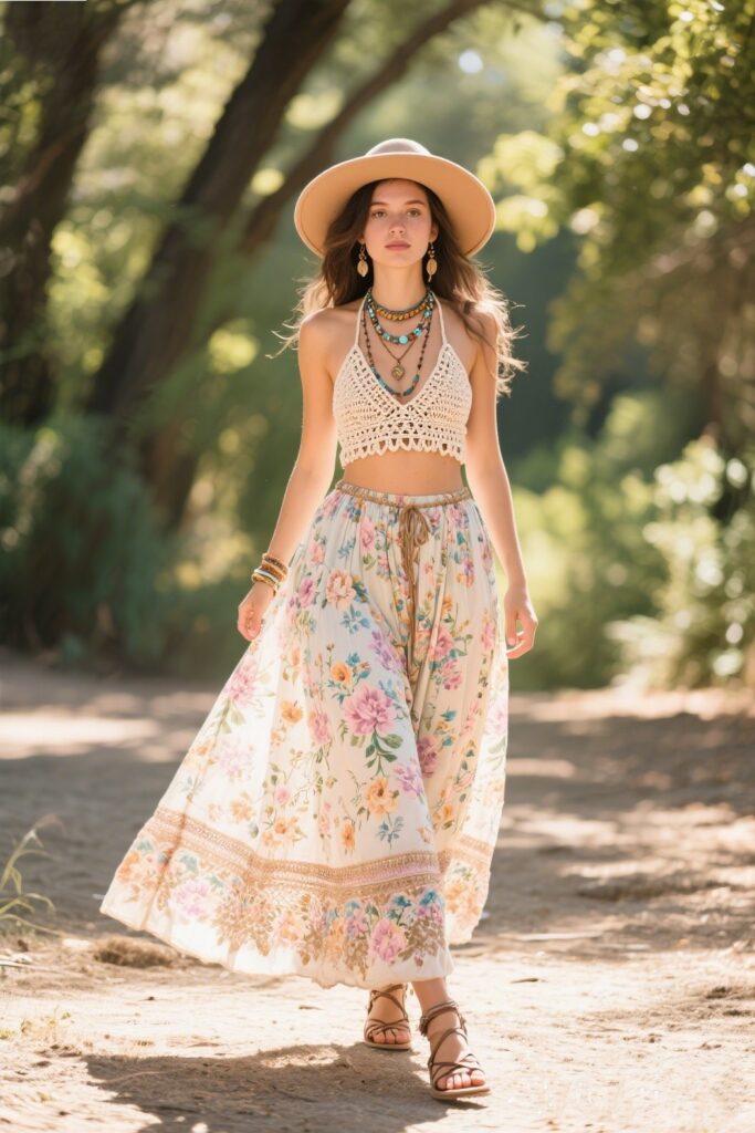 1. Floral Boho Maxi Skirt with a Crop Top