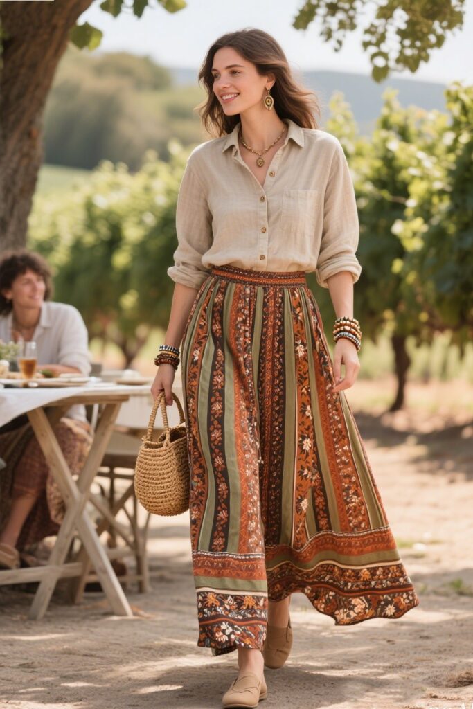 2. High-Waisted Boho Maxi Skirt with a Button-Down Shirt