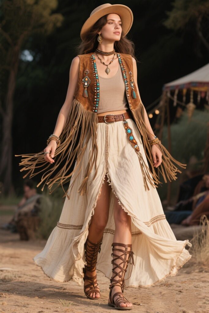 3. Boho Maxi Skirt with a Fringe Vest